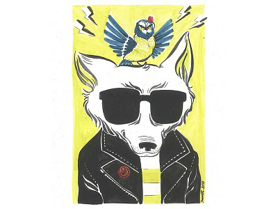 Wolf & Eurasian Blue Tit drawing ink illustration watercolor