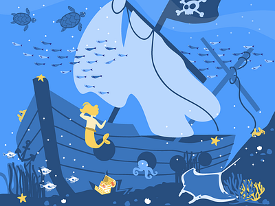 Open Sea illustration mermaid movespring pirate ship underwater vector vector illustration