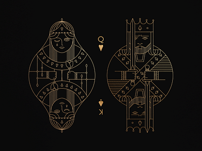 Queen of Hearts & King of Spades - Outline vector black cards crown gold illustrator johannlucchini king king of spades outline playing cards queen queen of hearts spade vector