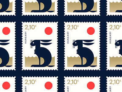 European Hare Stamp II animal blue bunny gold graphic design hare johannlucchini logo minimal pattern rabbit red stamp stamps sun