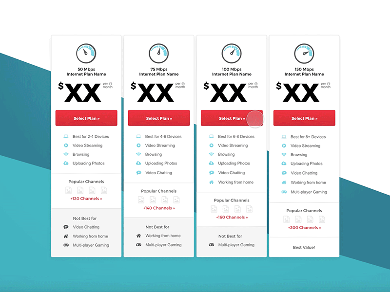 Price Grid Concept daily ui home services internet plans grid plans page price cards price grid pricing pricing cards pricing page tv