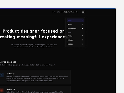 Navigation on personal website blur darkmode design figma header links menu minimal navigation portfolio purple ui uiux ux web design website website design