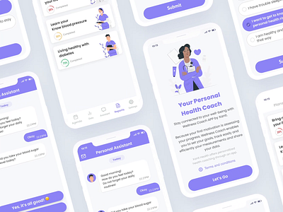 Personal Health Coach App android app applicaiton application coach dashboard figma flat design health healthcare illustraion ios navigation bar personal progress purple ui ux