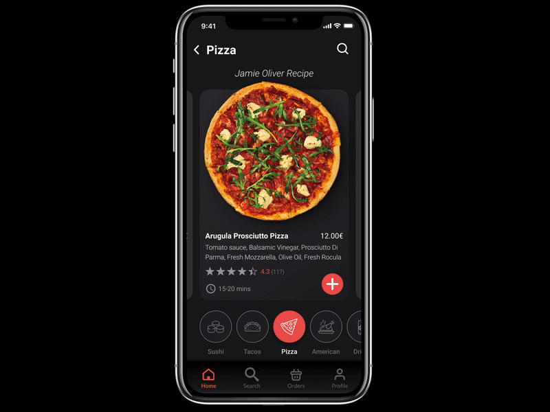 Order Pizza via online restaurant-food application applicaiton application dark mode ecommerce food app glovo horizontal scroll ios iphone iphonex order pizza prototype scroll scroll animation takeaway ubereats ui