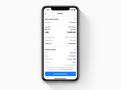 iOS money transfer UI apple bank design finance financial fintech interface ios iphone money native product remmitance transfer user