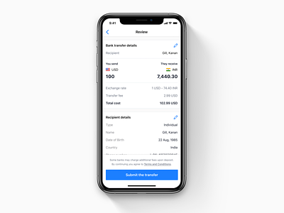 iOS money transfer UI