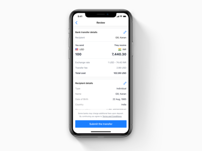 iOS money transfer UI apple bank design finance financial fintech interface ios iphone money native product remmitance transfer user