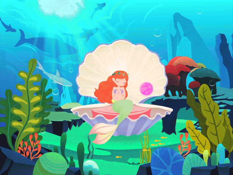 Hello dribbble animation blue fish gif girl green illustration light mermaid ocean seaweed shell