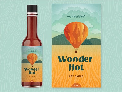 Wonderbird Hot Sauce bottle label fire flame food gradient hot air balloon hot sauce illustraion label label design landscape package design packaging pattern