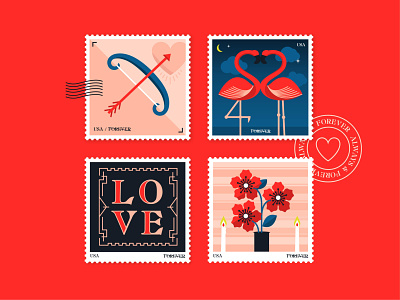 Valentine's Day Stamps arrow collection design flamingo heart icon icons illustration love package package design postage stamp stamps typography valentine valentine day vector