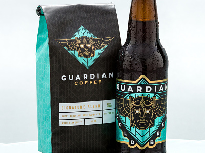 Guardian Cold Brew Coffee Packaging branding coffee cold brew guardian packaging pattern seafoam statue wings
