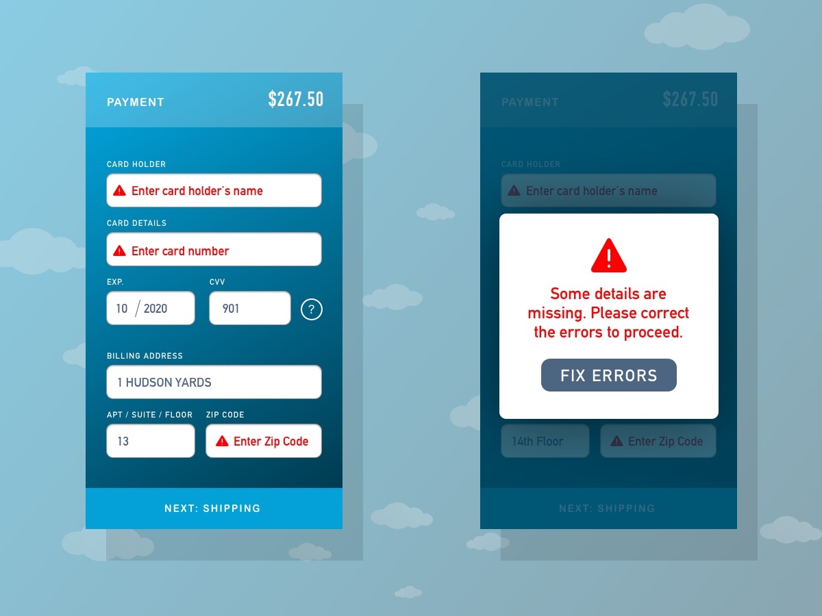 Daily UI: Form Field Errors alertmessage challenge creditcardform dailyui design errorstate formfield sketch ui usererror