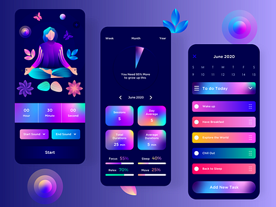 Meditation UI app app design calm dark design designer futuristic illustration india ios lalit meditation mobile modern redesign timer ui user interface ux yoga