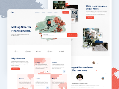 Fiancial Home Page Concept birds logo concept coral tree financial goals financial home screen homepage homepage ui landing screen design nature navigation bar search bar testimonials webdesign why choose us