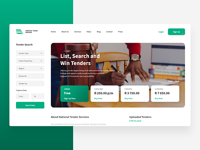 National Tender Services Home Screen adobe illustrator adobe photoshop cc adobe xd finance green homescreen indexpage minimalist modern modern design search uidesign uiux webdesign website