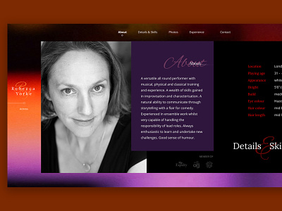 Actress Website actor actress design horizontal scroll landing page one-pager portrait page profile ui design web design