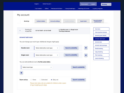 My Account - Hotel Booking Website hospitality hotel interface design my account online booking reservation room booking side navigation sidebar tabs ui design ux design