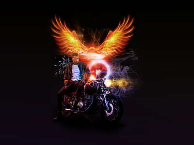 FLESH OF STEEL art bike black bright brutal dark digital digital art digitalart fire flame leather lights man moto runes sacred smoke steel wings