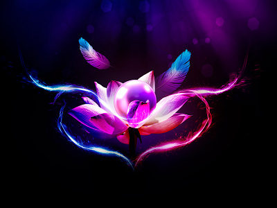Lotus Pearl 2021 black blue bright colorful contrast dark energy feather floral flower illustration lotus love pearl photoshop red shine trend vibrant