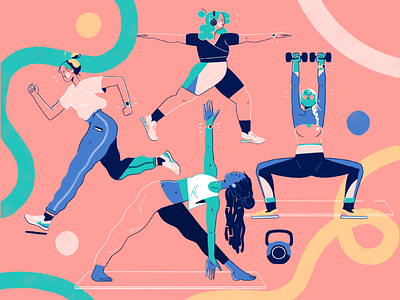 Home Workout Girls character design dumbell exercise exercises female workout gym gymwear home workout illustration illustration art jogging kettlebell running stretch tech illustration treadmill weight lifting workout yoga