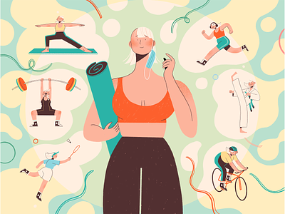 Choosing the Right Exercise Routine as Covid Restrictions Lift branding character design cycling digital illustration editorial illustration exercise gym illustration illustrator jogging judo karate running sweaty weight lifting woman workout yoga