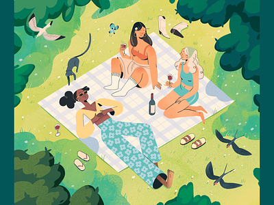 Picnic and Wine in the Park body positive character design character designs digital illustration girls illustration illustration art illustrator park picnic summer sun sunny wine