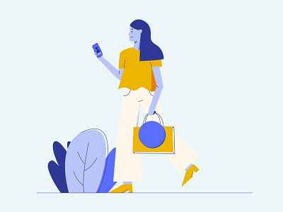 Shopping and texting character design girl girl walking illustration phone tech ui