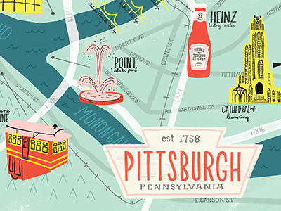 Pittsburgh map! bridge heinz icons illustration incline map pittsburgh