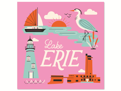 Lake Erie Print boat great lakes illustration lake lake erie lettering lighthouse pink print