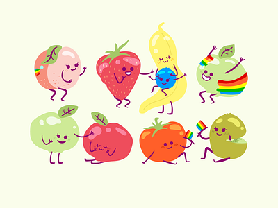 Fruity apples bananas cute design fruit gay illustration pride rainbow stickers vector
