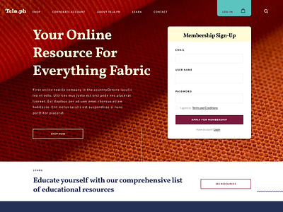 Homepage mock-up for a textile manufacturing company website