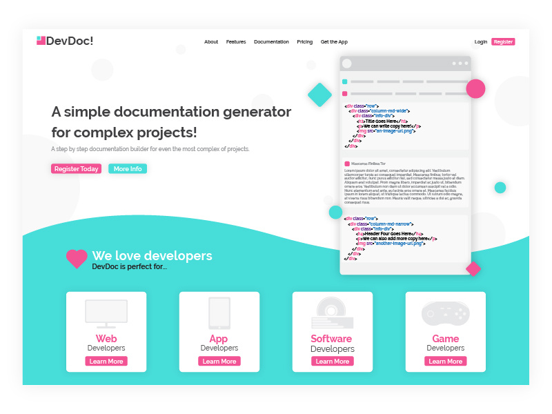 DevDoc Mockup drop shadow shadow app web icon website colors ux branding ui logo design illustration bright colors bright homepage web design