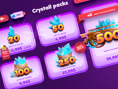 Mobile game UI, Crystall packs