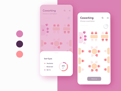 🌺Coworking App: Content Aware Layout adobexd challenge coworking coworking space daily dailyui freelance livestream pastel pink product design remote remote work seating seating chart seats studio the wing thewing ui