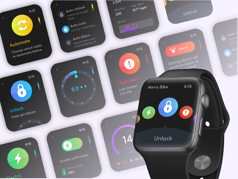 Automated Hack #17 - Automated Bike App app apple automation bike challenge charge daily daily ui daily ui challenge design direction electric icon map minimal mobile smartwatch ui unlock ux