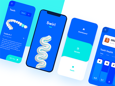 Dental Health App (Automated Hack #24) app automation blue branding bright cards dental dentist doctor flat health minimal mobile navigation rounded swirl teeth tooth ui ux