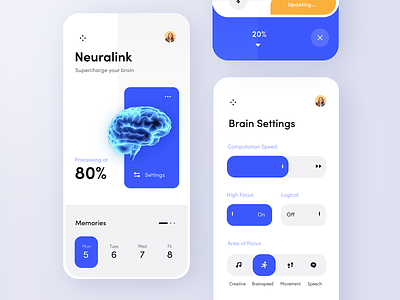 Neuralink Concept App - Adobe XD Livestream ai app artificial intelligence blue brain card challenge clean computer controls daily ui icons minimal mobile modern neuralink rounded settings ui ux
