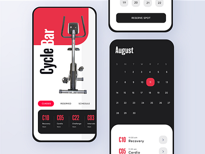 Cycle Bar App - Adobe XD Daily Creative Challenge Livestream bicycle bike calendar challenge clean cool cycle design exercise exercise app exercise schedule graphics icons minimal modern reservation rounded schedule ui ux