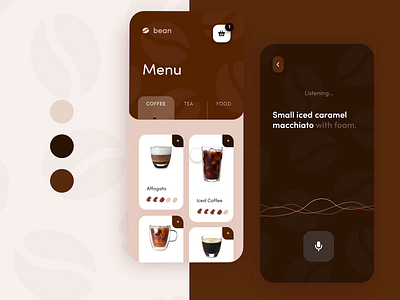 Coffee Ordering App adobe xd app brown card challenge coffee dark food freelance freelance designer midwest mobile mobile ordering order prototying search by voice ui ux voice voice prototyping