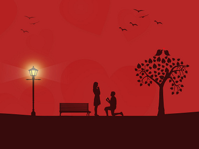 Love Proposal birds boy creative design feelings flat design girl illustration light love lovers proposal red romance romantic silhouette tree vector