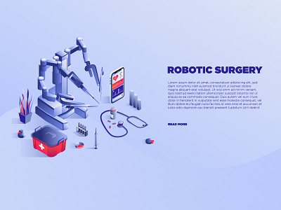 Robotic surgery service banner template biomedical design health hospital illustration internet isometric medical medical app medicine operator robot surgery surgical therapy vector