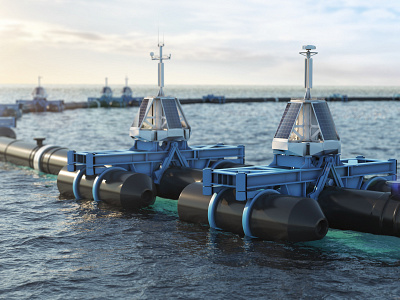 Ocean cleanup system. 3d rendering 3d 3dsmax after effect animation art behance bottle clean design garbage globe ocean photoshop save sea solar panel solar power vray wave