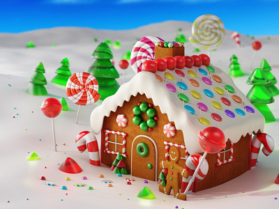 Christmas Gingerbread house in snow 3d 3d art 3dsmax animation art ball bounce behance character christmas christmas card design forest ginger house illustration lollipop snow sweet tree xmas