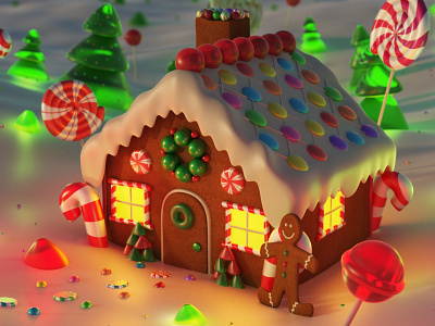 Christmas Gingerbread house in snow 3d 3dsmax animation art behance candy cartoon cartoon comic character christmas design forest ginger holiday house illustration lights night snow sweet