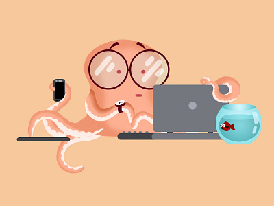 Octopus with glasses after effect animation art behance character design fish glass glasses hand help illustration laptop manager mobile octopus phone sea vector water