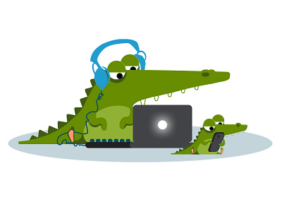 Crocodile at work animation art behance branding charachter design character crocodile design desk eye illustration kid laptop phone sea son vector vector artwork water work