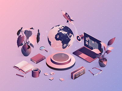 Isometric university concept with school elements.