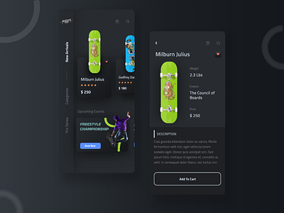 Skateboard Shop (Dark Mode) app dailyui dark ui dribbble ecommerce experience interaction night mode skateboard ui uidesign ux