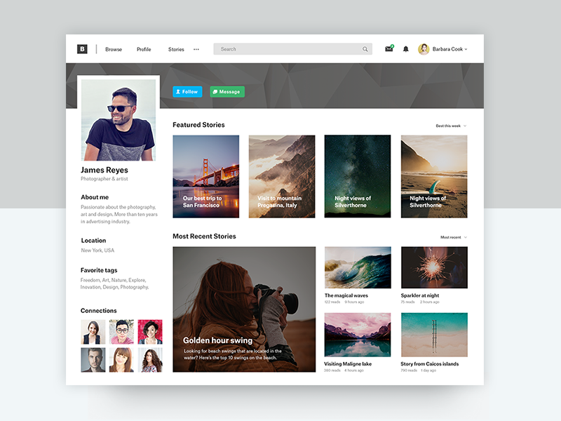 Profile feature by Marijan Sostaric on Dribbble