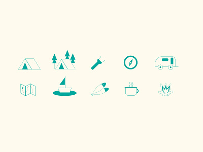 Camping gear store icon set